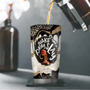 Personalized Wake Pray Slay Leopard Glitter Tumbler Cup