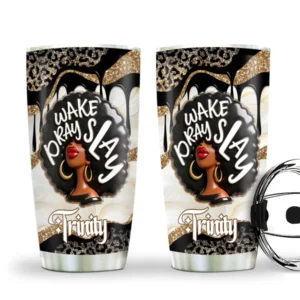 Personalized Wake Pray Slay Leopard Glitter Tumbler Cup