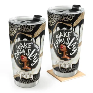 Personalized Wake Pray Slay Leopard Glitter Tumbler Cup