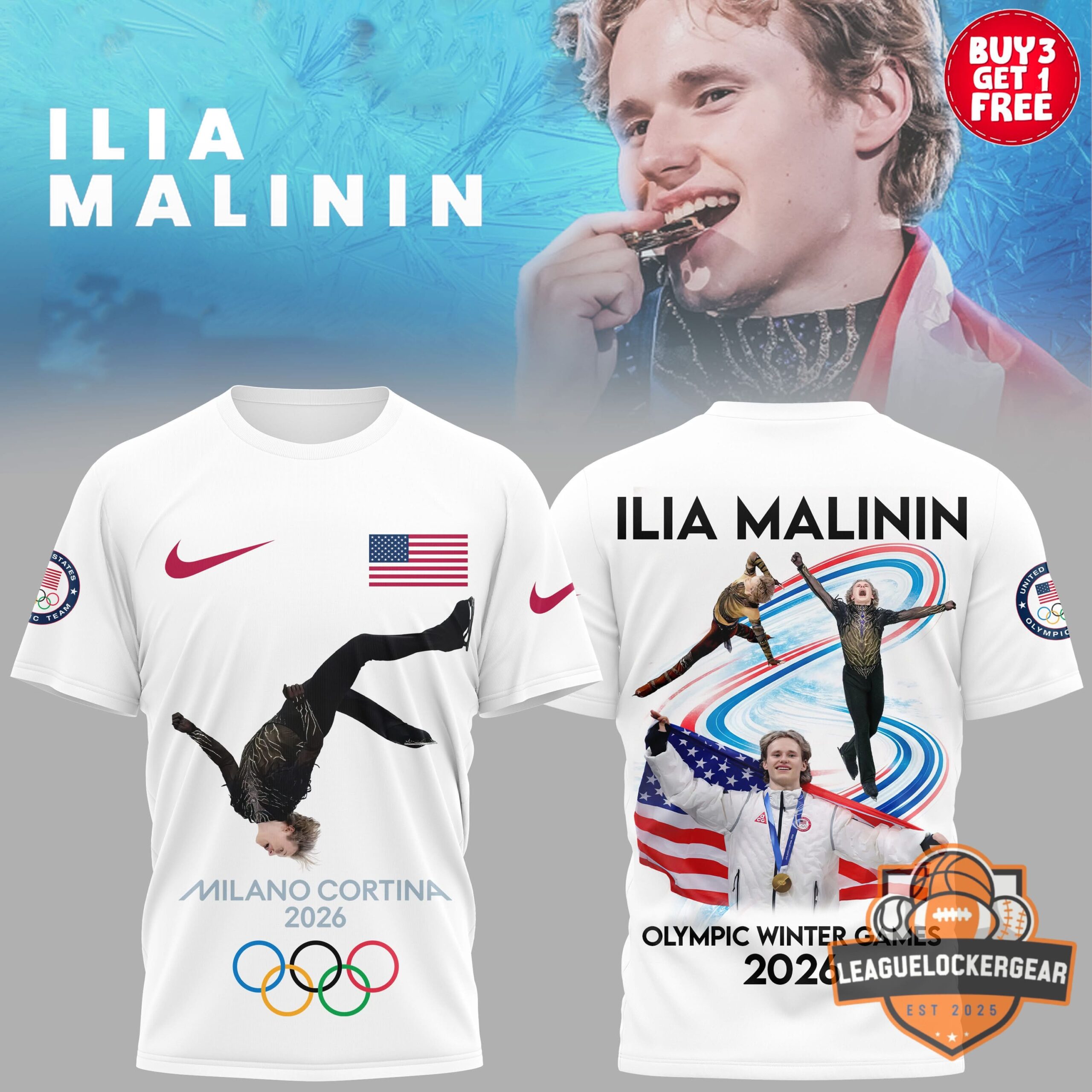 Ilia Malinin Milano Cortina 2026 Olympic Winter Games T-Shirt - Front View