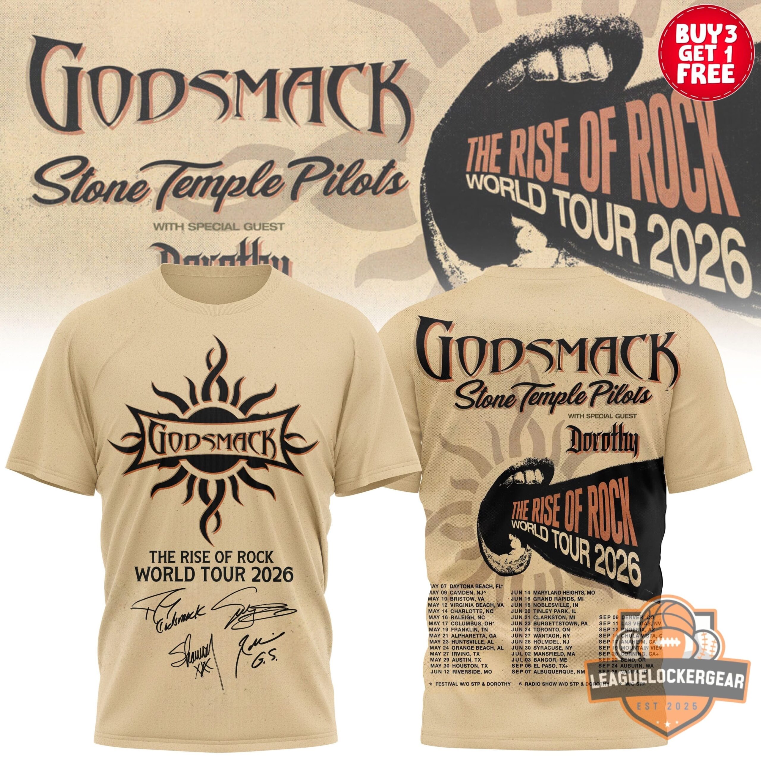 Godsmack Stone Temple Pilots The Rise of Rock World Tour 2026 Signatures T-Shirt - Front View