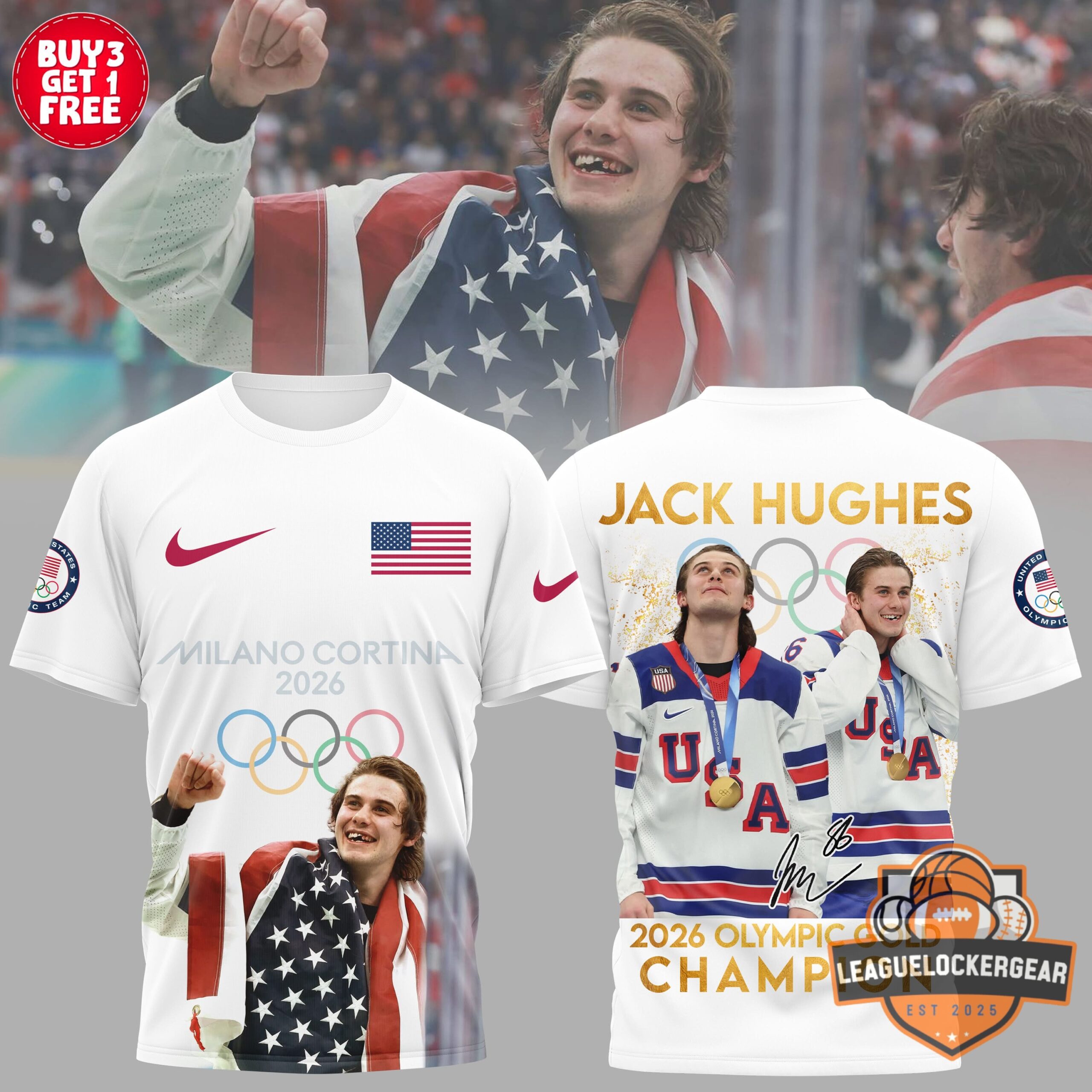 Jack Hughes Team USA 2026 Milano Cortina Olympic Gold Champion T-Shirt - Front View