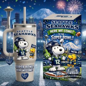 Seattle Seahawks Snoopy Super Bowl Here We Come Tumbler With Handle