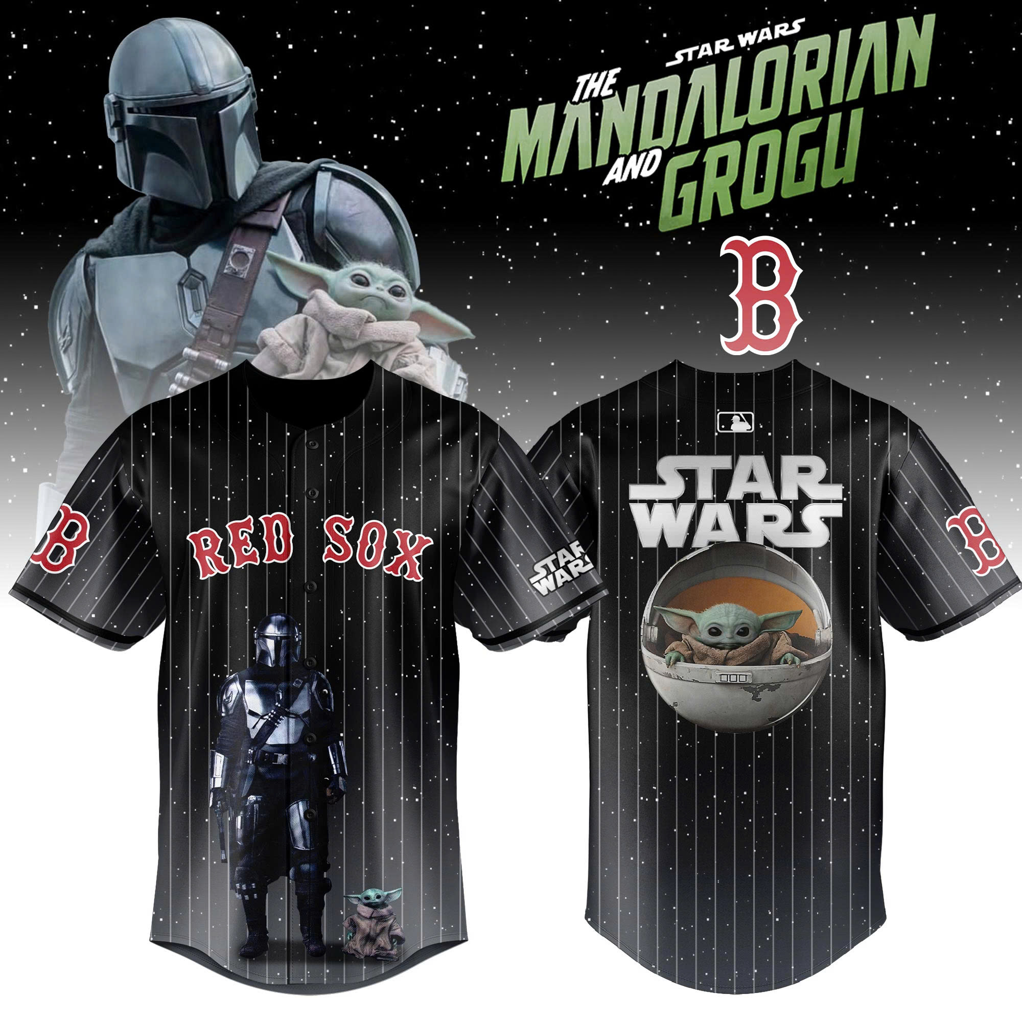 Boston Red Sox Star Wars The Mandalorian and Grogu Baseball Jersey - Front View