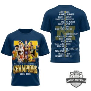 Michigan Wolverines 2025-2026 NCAA Men's Basketball Champions Player Roster T-Shirt
