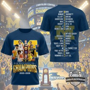 Michigan Wolverines 2025-2026 NCAA Men's Basketball Champions Player Roster T-Shirt
