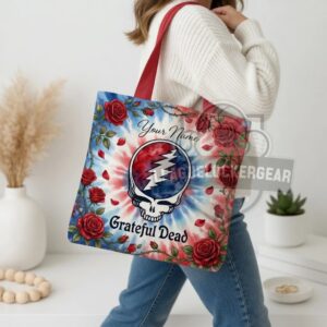 Grateful Dead Personalized Skull and Roses Tie Dye Tote Bag