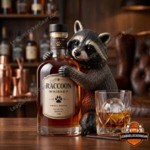 Raccoon Taxidermy Holding Whiskey Bottle