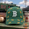 Boston Red Sox Hot Dog Pattern Baseball Cap - full view on a stadium bench