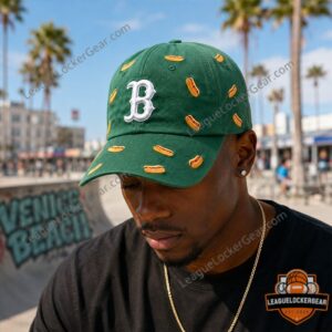 Boston Red Sox Hot Dog Pattern Baseball Cap - close-up with Fenway Park scoreboard