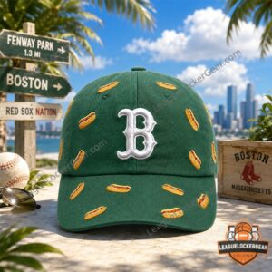 Boston Red Sox Hot Dog Pattern Baseball Cap - front view with stadium lights