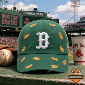 Boston Red Sox Hot Dog Pattern Baseball Cap - full view on a stadium bench