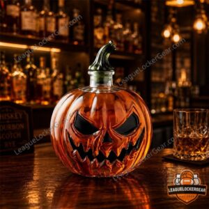 2026 Halloween Jack O' Lantern Pumpkin Whiskey Decanter - close-up of the top and left side