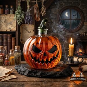 2026 Halloween Jack O' Lantern Pumpkin Whiskey Decanter - full view in a mystical room setting