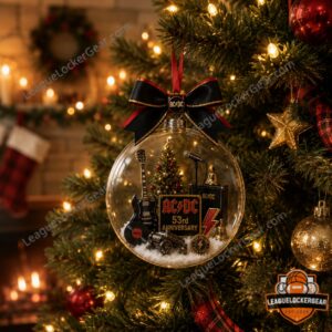 AC/DC 53rd Anniversary Ornament Christmas 2026 - close-up showcasing microphone, amplifier, and golden bell