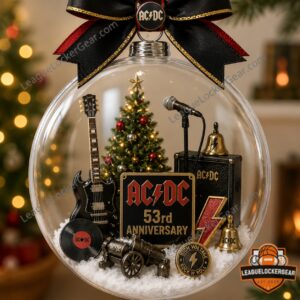 AC/DC 53rd Anniversary Ornament Christmas 2026 - full view hanging on a festive Christmas tree