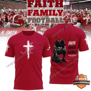 Alabama Crimson Tide Faith Family Football T-Shirt - close-up of front and partial back