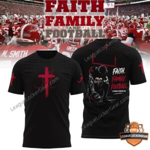 Alabama Crimson Tide Faith Family Football T-Shirt - front view with distressed cross logo