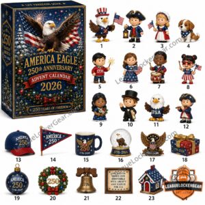 America Eagle 250th Anniversary Advent Calendar 2026 - full product display with various collectible items