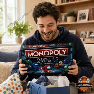 Among Us Monopoly Collector Edition Board Game - close-up of game box, emergency meeting light, and cards