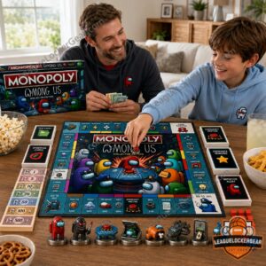 Among Us Monopoly Collector Edition Board Game - detail of game board, money, and game pieces