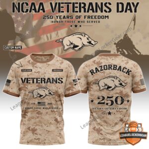 Arkansas Razorbacks Veterans Day 250 Years of Freedom 2026 T-Shirt - front and back view with customization