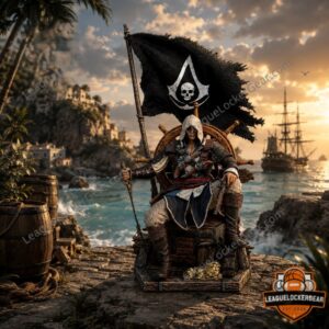 Assassin's Creed IV Black Flag Edward Kenway Captain's Chair Figure - close-up of the statue and flag