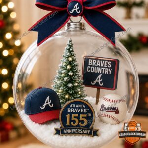 Atlanta Braves 155th Anniversary Globe Ornament - full view with festive background