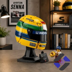 Ayrton Senna Iconic Racing Helmet 43024 LEGO Building Brick Set - box top with racetrack view