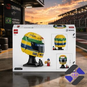Ayrton Senna Iconic Racing Helmet 43024 LEGO Building Brick Set - box on track background
