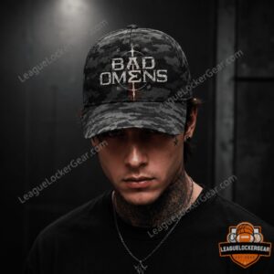 Bad Omens Dark Omen Camo Cap - close-up of the white logo and dark camouflage pattern