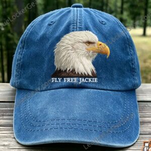 Bald Eagle Fly Free Jackie Hat - close-up of the embroidered bald eagle design