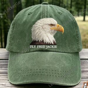 Bald Eagle Fly Free Jackie Hat - front view on a wooden surface
