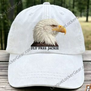 Bald Eagle Fly Free Jackie Hat - close-up of the cap's brim and lower embroidered text