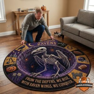 Baltimore Ravens Halloween Quilted Round Rug - close-up of raven skeleton and top text