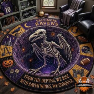 Baltimore Ravens Halloween Quilted Round Rug - full view on wooden floor