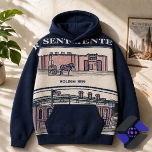 Bbno Sentiente Holden 1856 Landscape Hoodie - close-up on model's upper body and hoodie graphic