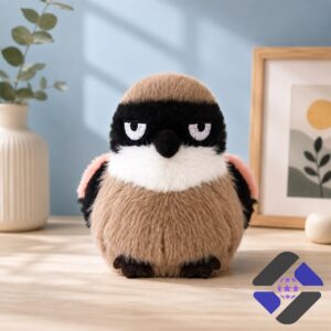 Grumpy Face Shrike Bird Plush Toy - close-up of the bird's face