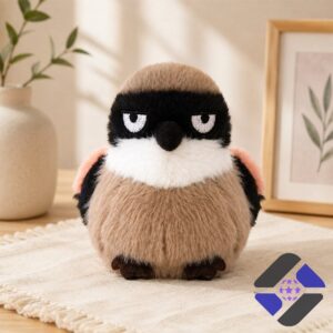 Grumpy Face Shrike Bird Plush Toy - full front view on a textured mat
