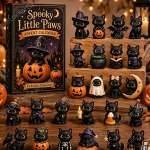 Black Cat Halloween Spooky Ornaments 2026 Advent Calendar - full display with all ornaments