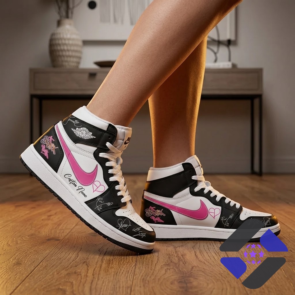 BLACKPINK 10th Anniversary Comeback Custom Name JD1 Shoes - pair displayed on and next to a brown box