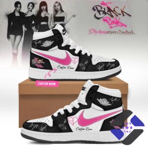BLACKPINK 10th Anniversary Comeback Custom Name JD1 Shoes - full view on a brown box with band background