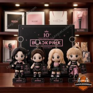 BLACKPINK 10th Anniversary Tour Plush Keychain - all four members displayed with tour backdrop