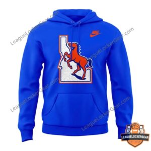 Boise State Broncos 40th Anniversary Football Hoodie T-Shirt - man in blue sweatshirt and man in white t-shirt