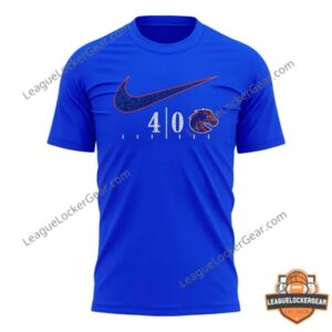 Boise State Broncos Football 40th Anniversary The Blue Helmet T-Shirt - upper shirt with Idaho bronco and