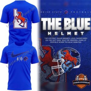 Boise State Broncos Football 40th Anniversary The Blue Helmet T-Shirt - two designs and informational graphic