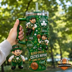 Boston Celtics Lucky the Leprechaun Tumbler With Plush Toy - close-up of handle and upper design