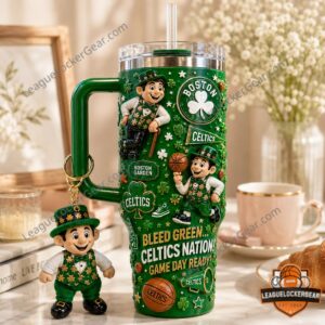 Boston Celtics Lucky the Leprechaun Tumbler With Plush Toy - close-up of top and mascot detail