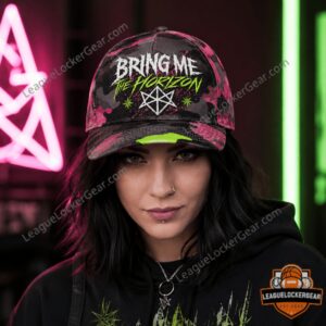 Bring Me The Horizon Neon Chaos Camo Cap - close-up of the front left panel