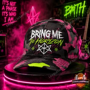Bring Me The Horizon Neon Chaos Camo Cap - front view on a glowing display stand